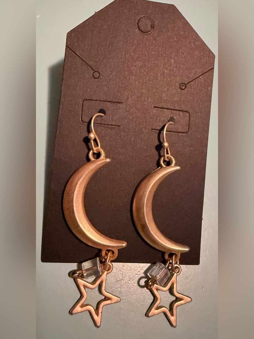 Brushed Gold Crescent Moon and Star Drop Earrings - with Clear Beaded Accents